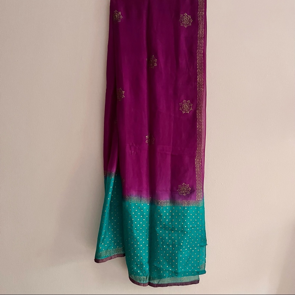Silk Dupatta Scarf Stole Chunni & semi Patiala salwar dark pink & aqua & gold